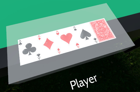 A row of five cards in a white rectangle representing the player's hand, from left to right, they are the ace of clubs, the ace of diamonds, the ace of hearts, the ace of spades, and a card that is facing down. The text "player" is shown in front of the hand.