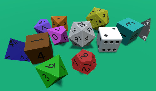 On the table is a set of dice of varying colours and sides.