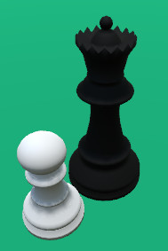 On the table are two chess pieces, a white pawn and a black queen.