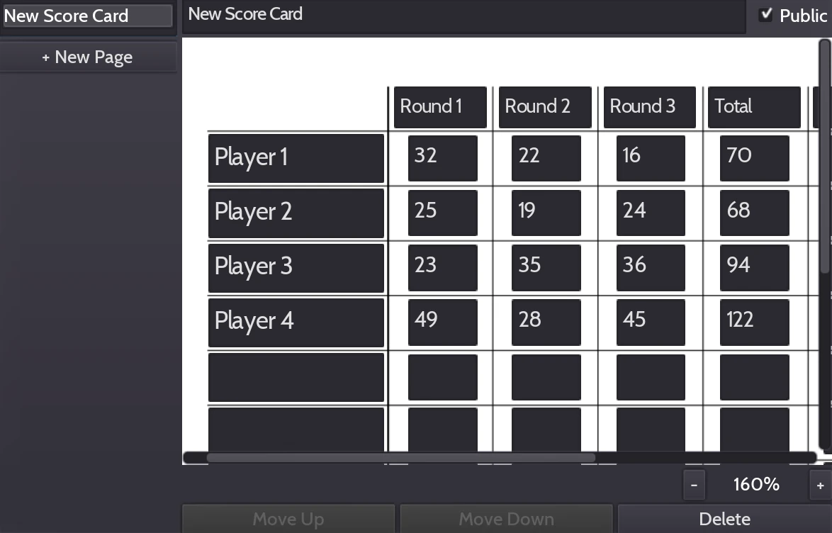 An example of a template being used by the notebook to keep track of player's scores over a number of rounds.
