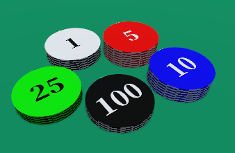 On the table are some stacks of poker chips varying in height, representing various values, those being 1, 5, 10, 25, and 100.